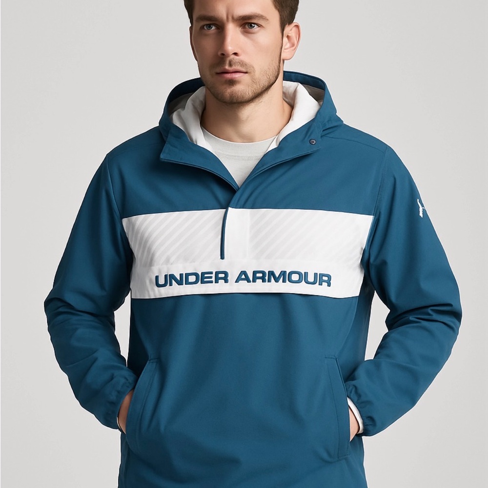 Under Armour Men’s Teal/gray Rain Jacket, Hood, lined, toggles, Size Medium